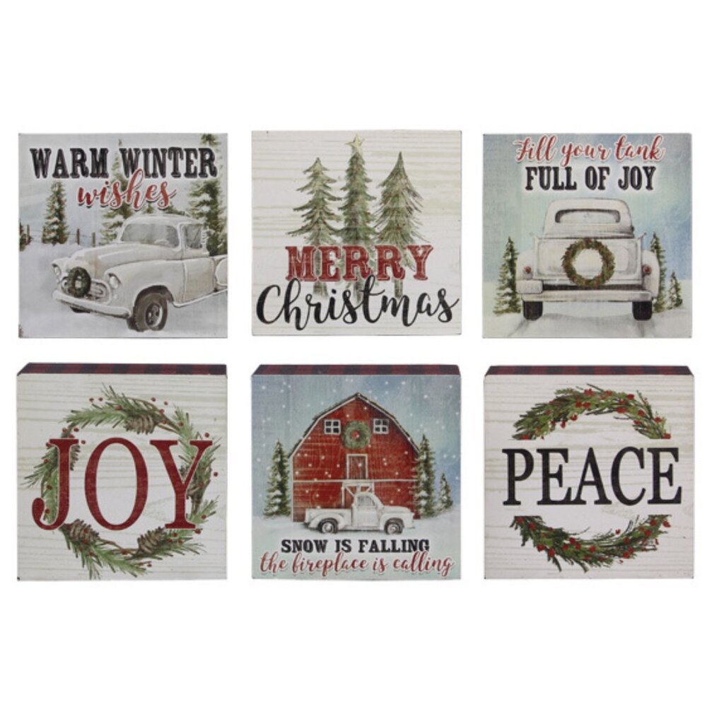 Festive Christmas Wood Block Signs: SET of 6 Different Sayings & Graphics NWT